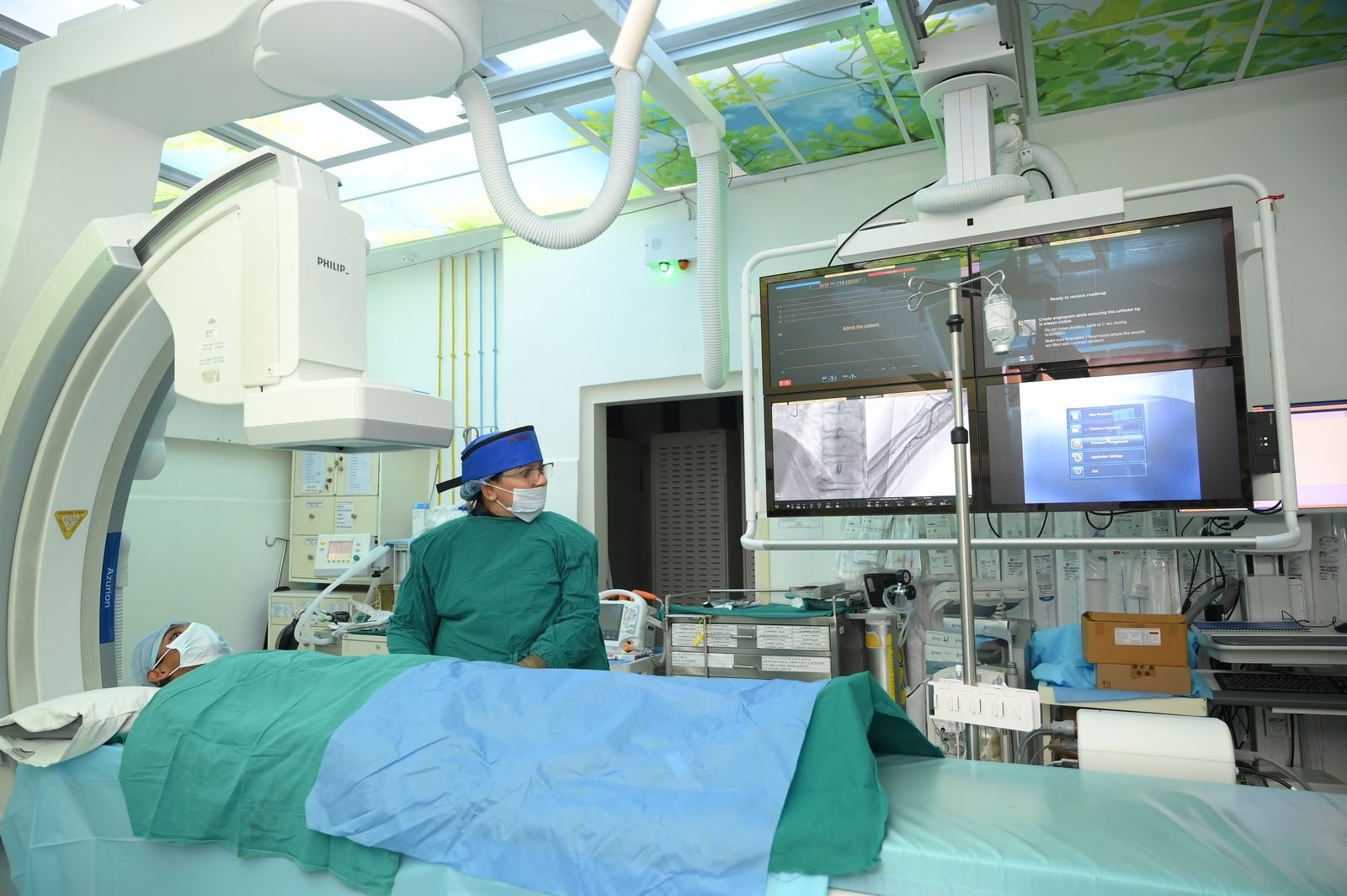 Cardiac catheterisation lab with the patient on the procedure table